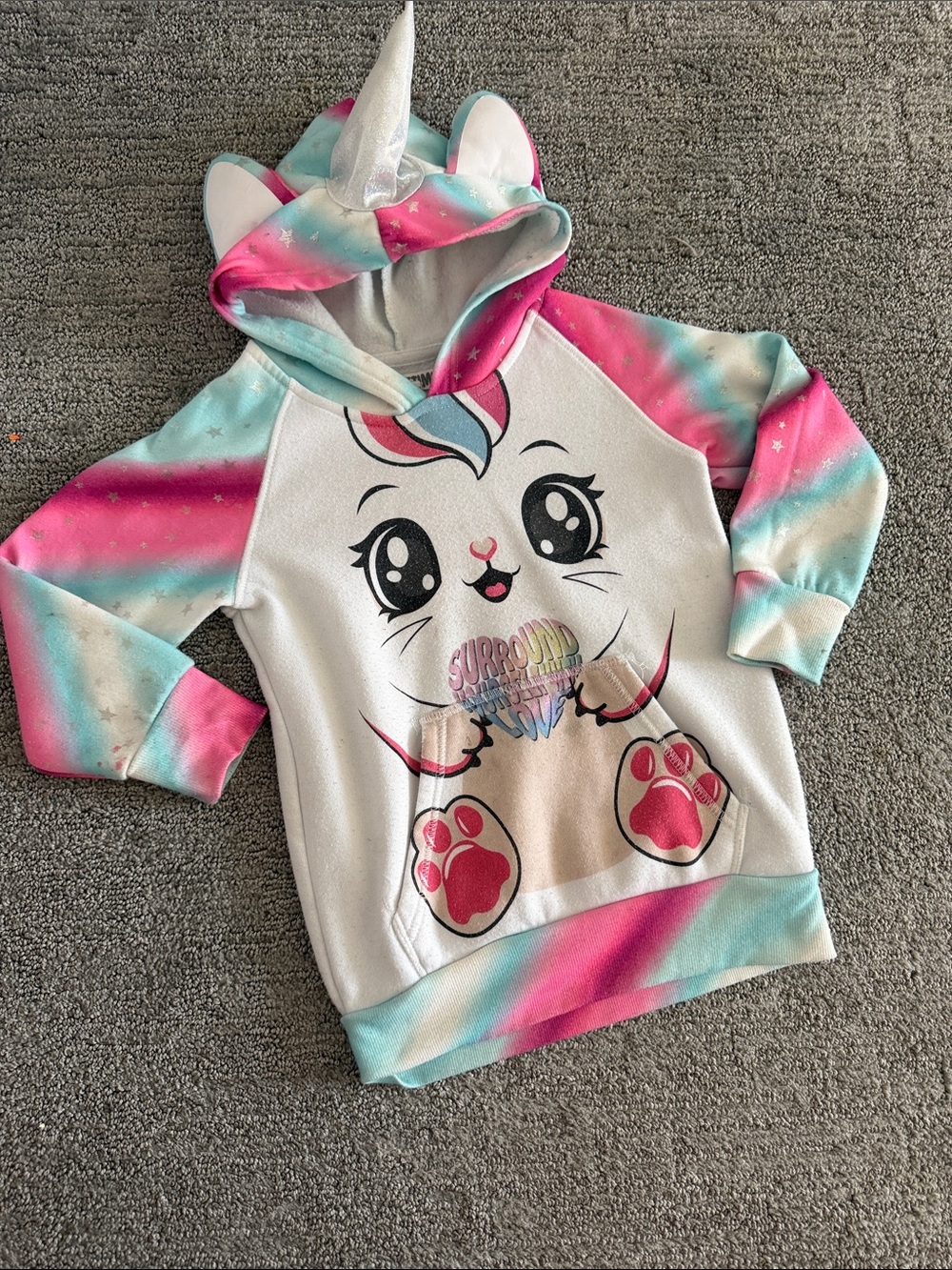 10 for $20🔥 Girls' Rainbow Unicorn Hooded Pullover - Pink & Aqua